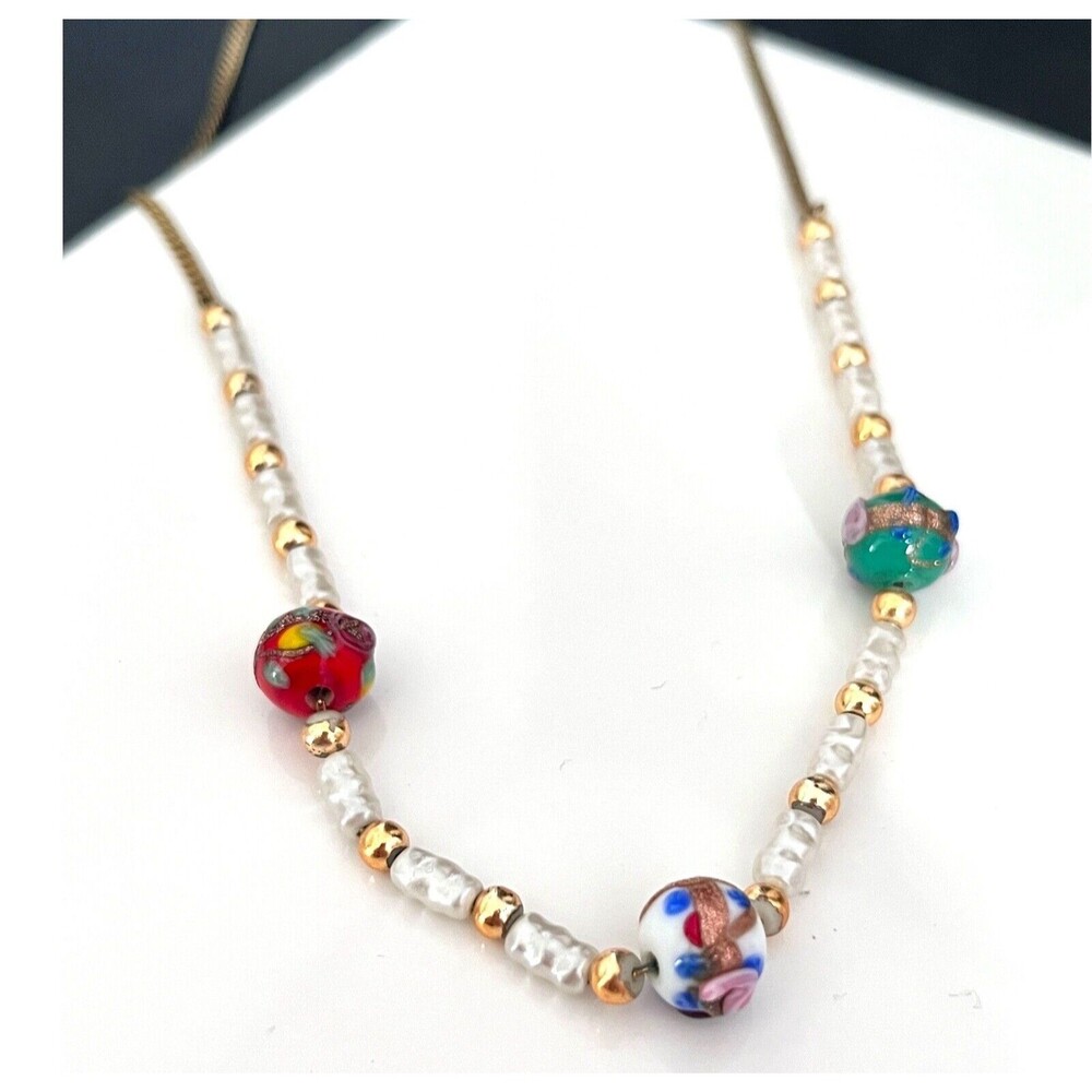 Vintage 1980s Necklace Murano Art Glass Wedding Cake Bead Pearl Gold Tone - 2W